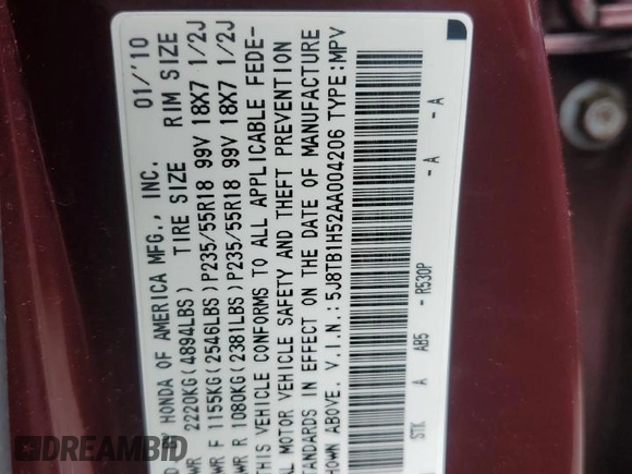 2010 Acura RDX Tech Pkg with VIN 5J8TB1H52AA004206, listed as a Copart auction lot 47984305 with 159,134 mi miles and Salvage Title. Bid and sale history available at carsss.com. Image 12.