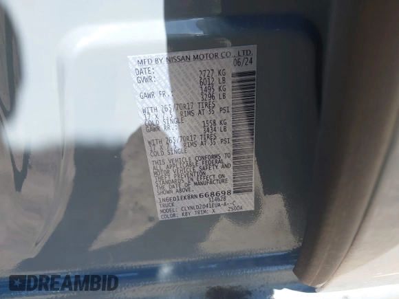 2024 Nissan Frontier SV with VIN 1N6ED1EK8RN668698, listed as a IAAI auction lot 42096224 with 5,295 mi miles and . Bid and sale history available at DreamBid. Image 9.