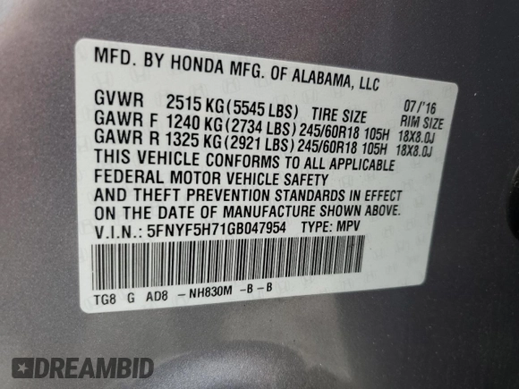 2016 Honda Pilot EX-L with VIN 5FNYF5H71GB047954, listed as a Copart auction lot 44942655 with 146,647 mi miles and Salvage Title. Bid and sale history available at DreamBid. Image 13.