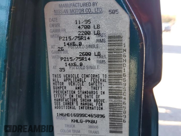1995 Nissan Frontier XE z VIN 1N6HD16S9SC465896, wystawiony jako Copart lot #81665514 z przebiegiem 212 893 mil mil oraz Szkoda całkowita • Salvage title. Historia ofert i sprzedaży dostępna na DreamBid. Obrazek 12.