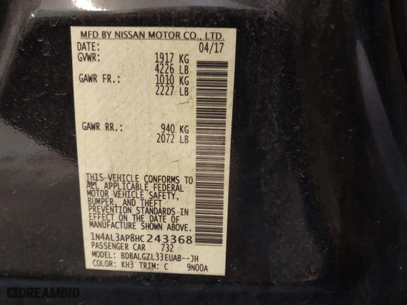 2017 Nissan Altima 2.5 SR with VIN 1N4AL3AP8HC243368, listed as a IAAI auction lot 41658246 with 132,481 mi miles. Bid and sale history available at carsss.com. Image 9.
