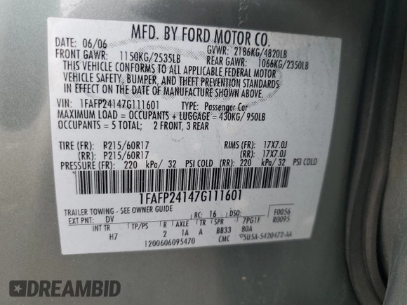 2007 Ford Five Hundred SEL with VIN 1FAFP24147G111601, listed as a Copart auction lot 46888235 with 171,657 mi miles and Salvage Title. Bid and sale history available at carsss.com. Image 12.