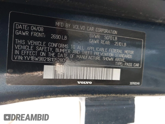 2008 Volvo V70 с VIN YV1BW982181052805, выставлен на аукционе IAAI как лот 42405228 с пробегом 205 210 миль миль и . История ставок и продаж доступна на DreamBid. Изображение 9.