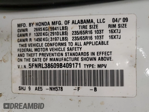 2009 Honda Odyssey EX-L с VIN 5FNRL38609B409171, выставлен на аукционе Copart как лот 50976605 с пробегом 217 918 миль миль и Чистый • Clean title. История ставок и продаж доступна на DreamBid. Изображение 13.