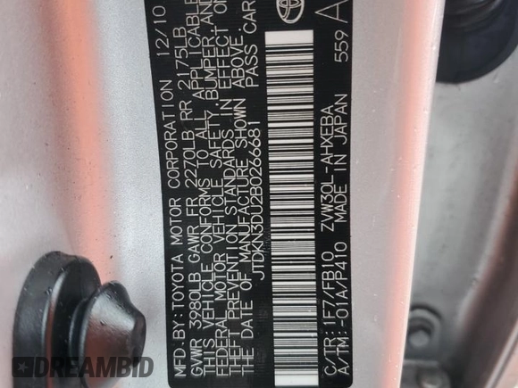 2011 Toyota Prius I with VIN JTDKN3DU2B0266681, listed as a Copart auction lot 43855645 with 157,327 mi miles and Salvage Title. Bid and sale history available at DreamBid. Image 12.