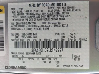 2020 Ford Fusion SE with VIN 3FA6P0HD2LR142227, listed as a IAAI auction lot 41934155 with 51,073 mi miles. Bid and sale history available at carsss.com. Image 9.