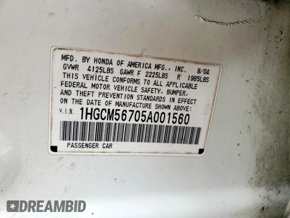 2005 Honda Accord EX z VIN 1HGCM56705A001560, wystawiony jako Copart lot #55793455 z przebiegiem 212 256 mil mil oraz Szkody całkowita. Historia ofert i sprzedaży dostępna na DreamBid. Obrazek 12.