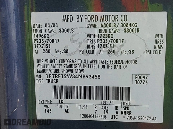 2004 Ford F-150 XL с VIN 1FTRF12W34NB93458, выставлен на аукционе IAAI как лот 42444124 с пробегом 154 946 миль миль и . История ставок и продаж доступна на DreamBid. Изображение 9.