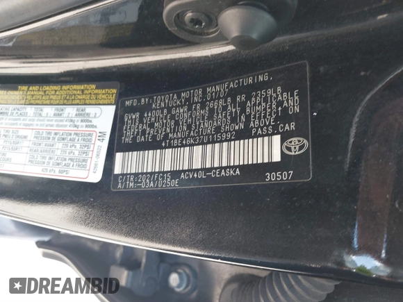 2007 Toyota Camry CE with VIN 4T1BE46K37U115992, listed as a IAAI auction lot 41570008 with 333,619 mi miles and . Bid and sale history available at DreamBid. Image 9.