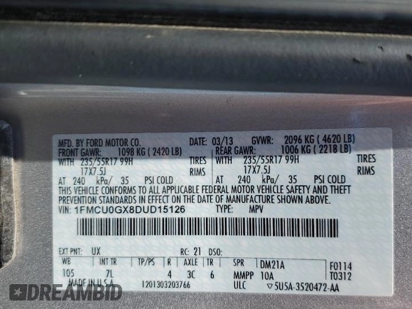 2013 Ford Escape SE z VIN 1FMCU0GX8DUD15126, wystawiony jako Copart lot #58539285 z przebiegiem 71 580 mil mil oraz Szkoda całkowita • Salvage title. Historia ofert i sprzedaży dostępna na DreamBid. Obrazek 13.