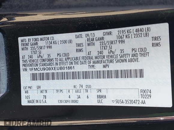 2014 Ford Escape SE with VIN 1FMCU9G9XEUB01861, listed as a IAAI auction lot 42096150 with 141,853 mi miles. Bid and sale history available at carsss.com. Image 9.