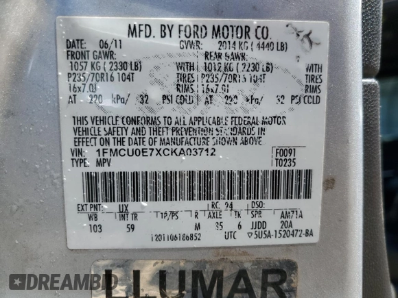 2012 Ford Escape Limited with VIN 1FMCU0E7XCKA03712, listed as a Copart auction lot 49708605 with 173,222 mi miles and Salvage Title. Bid and sale history available at DreamBid. Image 13.