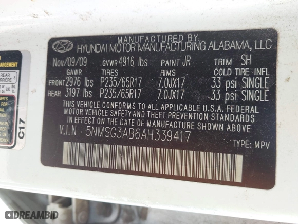2010 Hyundai Santa Fe GLS with VIN 5NMSG3AB6AH339417, listed as a IAAI auction lot 42022856 with 166,850 mi miles. Bid and sale history available at carsss.com. Image 9.