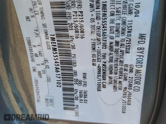 2005 Mercury Sable LS z VIN 1MEFM55S45A617102, wystawiony jako Copart lot #41788115 z przebiegiem 131 668 mil mil oraz Szkoda całkowita • Salvage title. Historia ofert i sprzedaży dostępna na DreamBid. Obrazek 12.