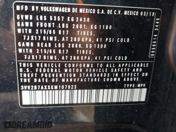 2019 Volkswagen Tiguan SE with VIN 3VV2B7AXXKM107923, listed as a Copart auction lot 49418395 with 106,833 mi miles and Salvage Title. Bid and sale history available at DreamBid. Image 12.