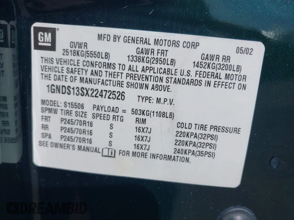 2002 Chevrolet TrailBlazer LS with VIN 1GNDS13SX22472526, listed as a IAAI auction lot 42169931 with 164,000 mi miles and . Bid and sale history available at DreamBid. Image 9.
