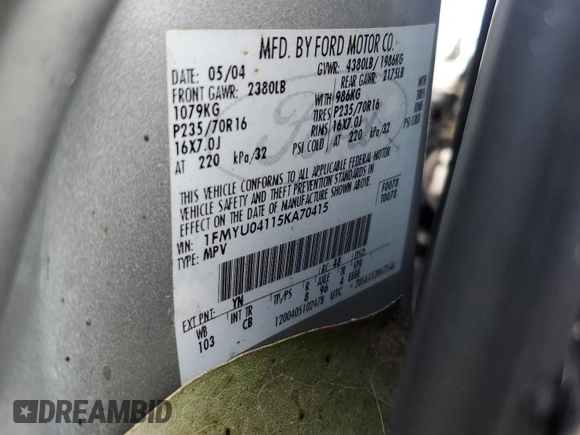 2005 Ford Escape Limited z VIN 1FMYU04115KA70415, wystawiony jako Copart lot #49111495 z przebiegiem Nie podano mil oraz Szkoda całkowita • Salvage title. Historia ofert i sprzedaży dostępna na DreamBid. Obrazek 12.