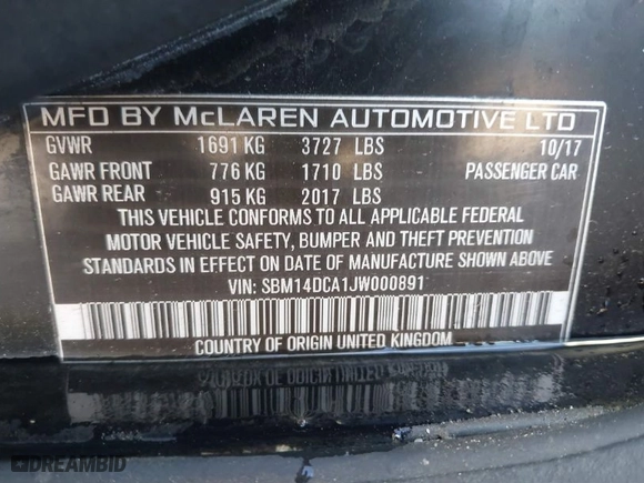2018 McLaren 720S with VIN SBM14DCA1JW000891, listed as a IAAI auction lot 41431972 with 23,724 mi miles. Bid and sale history available at carsss.com. Image 9.