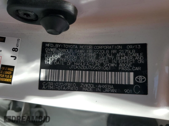 2013 Toyota Prius One z VIN JTDKN3DU7D5691061, wystawiony jako Copart lot #57721455 z przebiegiem 150 521 mil mil oraz Szkoda całkowita • Salvage title. Historia ofert i sprzedaży dostępna na DreamBid. Obrazek 12.