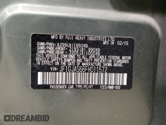 2015 Subaru Impreza Limited with VIN JF1GJAS66FH011572, listed as a Copart auction lot 81060254 with 111,121 mi miles and Non repairable. Bid and sale history available at DreamBid. Image 12.
