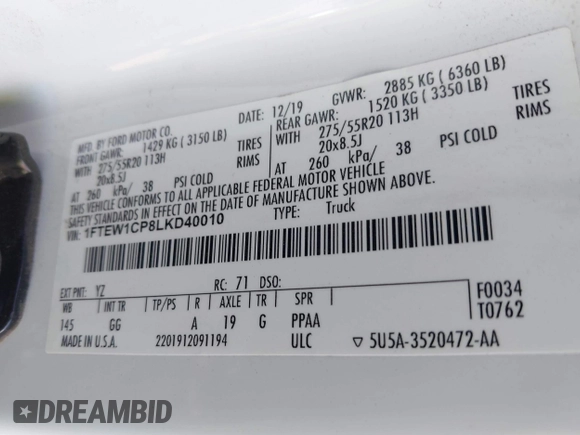 2020 Ford F-150 XL with VIN 1FTEW1CP8LKD40010, listed as a IAAI auction lot 42395416 with 94,189 mi miles and . Bid and sale history available at DreamBid. Image 9.