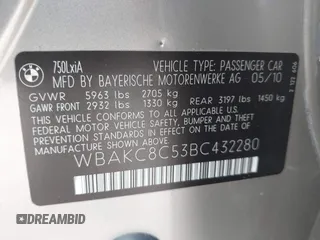 2011 BMW 7 Series 750Li xDrive with VIN WBAKC8C53BC432280, listed as a IAAI auction lot 41520006 with 114,135 mi miles. Bid and sale history available at carsss.com. Image 9.