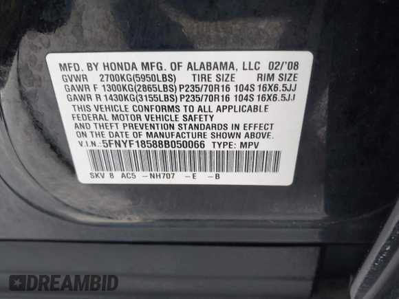 2008 Honda Pilot EX-L with VIN 5FNYF18588B050066, listed as a IAAI auction lot 41649007 with 172,018 mi miles. Bid and sale history available at carsss.com. Image 9.