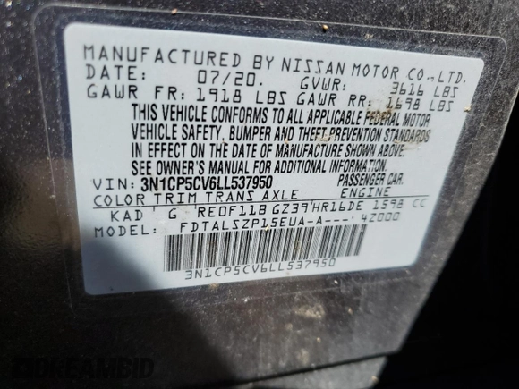 2020 Nissan Kicks SV with VIN 3N1CP5CV6LL537950, listed as a Copart auction lot 56415235 with 66,685 mi miles and Salvage title. Bid and sale history available at DreamBid. Image 14.