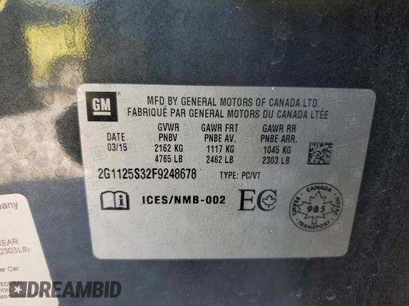 2015 Chevrolet Impala LT with VIN 2G1125S32F9248678, listed as a Copart auction lot 46180765 with 236,585 mi miles and Salvage title. Bid and sale history available at DreamBid. Image 13.