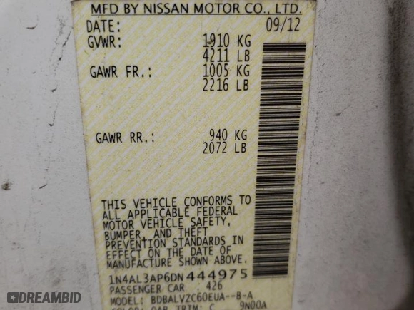2013 Nissan Altima 2.5 SL with VIN 1N4AL3AP6DN444975, listed as a Copart auction lot 49169105 with 159,417 mi miles and Salvage Title. Bid and sale history available at carsss.com. Image 14.