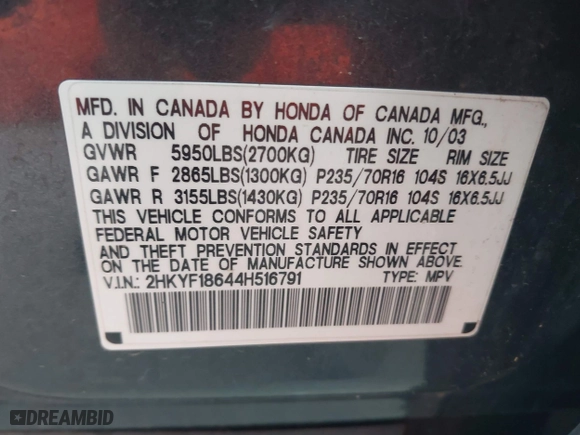 2004 Honda Pilot EX with VIN 2HKYF18644H516791, listed as a IAAI auction lot 41876348 with 291,358 mi miles. Bid and sale history available at carsss.com. Image 9.
