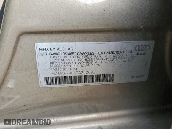 2007 Audi A4 2.0T with VIN WAUAF78E57A222692, listed as a Copart auction lot 43794185 with 159,563 mi miles and Salvage Title. Bid and sale history available at carsss.com. Image 15.