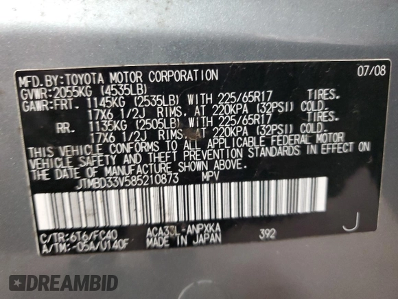 2008 Toyota RAV4 with VIN JTMBD33V585210873, listed as a Copart auction lot 49833605 with 200,143 mi miles and Salvage Title. Bid and sale history available at carsss.com. Image 12.