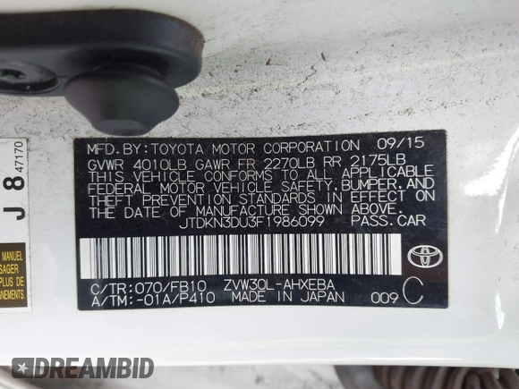 2015 Toyota Prius Four with VIN JTDKN3DU3F1986099, listed as a IAAI auction lot 41518701 with 146,291 mi miles and . Bid and sale history available at DreamBid. Image 9.