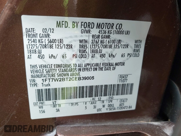 2012 Ford F-250 XL with VIN 1FT7W2BT2CEB39005, listed as a IAAI auction lot 42135189 with 187,973 mi miles and . Bid and sale history available at DreamBid. Image 9.