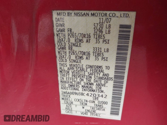 2008 Nissan Frontier SE with VIN 1N6AD09U38C420342, listed as a IAAI auction lot 41927640 with 173,997 mi miles and . Bid and sale history available at DreamBid. Image 9.