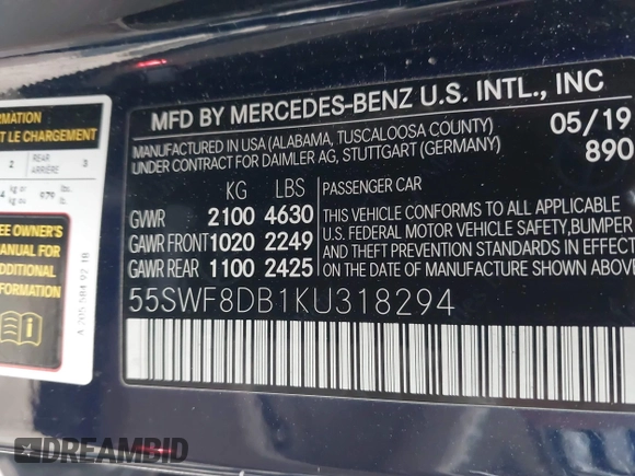 2019 Mercedes-Benz C 300 with VIN 55SWF8DB1KU318294, listed as a IAAI auction lot 41631976 with 102,356 mi miles and . Bid and sale history available at DreamBid. Image 9.