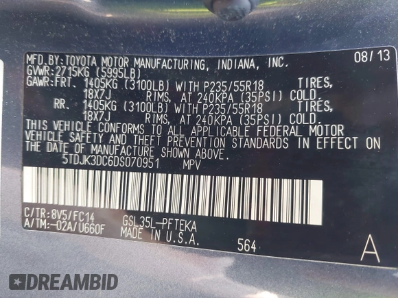 2013 Toyota Sienna LE with VIN 5TDJK3DC6DS070951, listed as a IAAI auction lot 42468510 with 235,537 mi miles and . Bid and sale history available at DreamBid. Image 9.