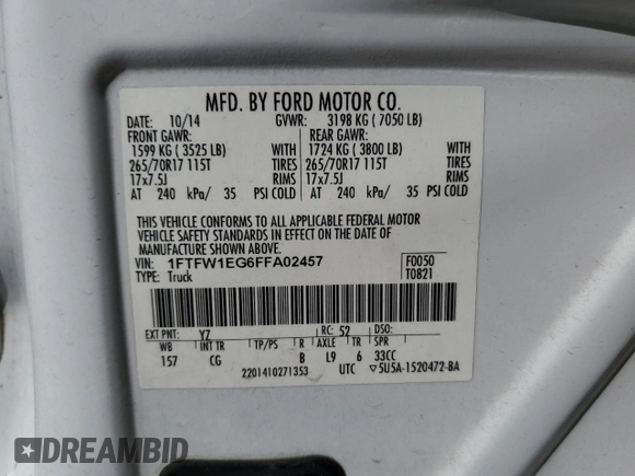 2015 Ford F-150 XLT w/HD Payload Pkg with VIN 1FTFW1EG6FFA02457, listed as a Copart auction lot 52121515 with 242,747 mi miles and Salvage Title. Bid and sale history available at carsss.com. Image 14.