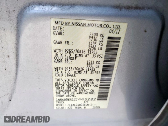 2012 Nissan Frontier SV with VIN 1N6AD0ER1CC445282, listed as a Copart auction lot 64119965 with 209,872 mi miles and Salvage title. Bid and sale history available at DreamBid. Image 12.