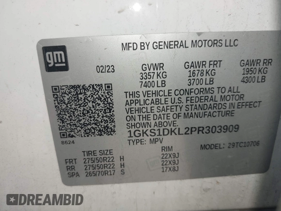 2023 GMC Yukon Denali with VIN 1GKS1DKL2PR303909, listed as a IAAI auction lot 42018679 with 65,532 mi miles. Bid and sale history available at carsss.com. Image 9.