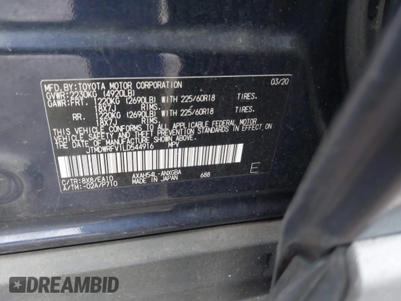 2020 Toyota RAV4 Hybrid Limited with VIN JTMDWRFV1LD544916, listed as a IAAI auction lot 41566935 with 179,193 mi miles. Bid and sale history available at carsss.com. Image 9.