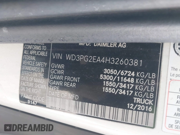 2017 Mercedes-Benz Metris Cargo Cargo with VIN WD3PG2EA4H3260381, listed as a IAAI auction lot 41525928 with 236,162 mi miles and . Bid and sale history available at DreamBid. Image 9.