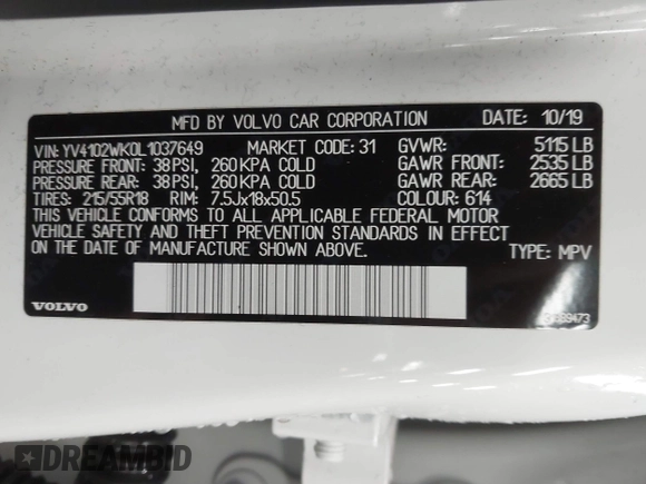 2020 Volvo V60 z VIN YV4102WK0L1037649, wystawiony jako IAAI lot #41043003 z przebiegiem 103 613 mil mil oraz . Historia ofert i sprzedaży dostępna na DreamBid. Obrazek 9.