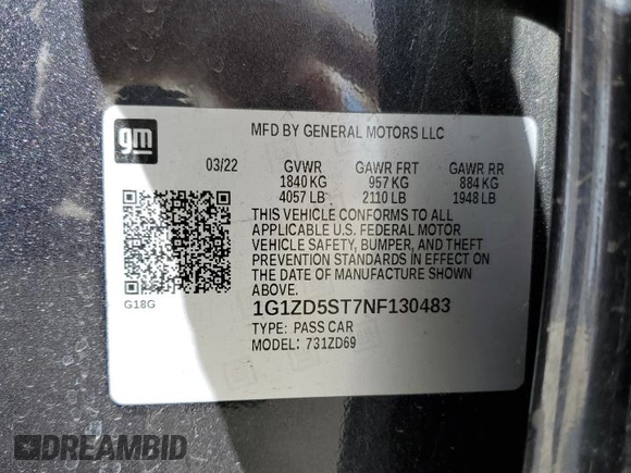 2022 Chevrolet Malibu LT with VIN 1G1ZD5ST7NF130483, listed as a Copart auction lot 52500825 with 52,220 mi miles and Non Repairable. Bid and sale history available at DreamBid. Image 13.