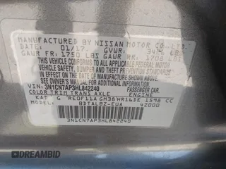 2017 Nissan Versa S Plus с VIN 3N1CN7AP3HL842240, выставлен на аукционе IAAI как лот 42593362 с пробегом 97 496 миль миль и . История ставок и продаж доступна на DreamBid. Изображение 9.