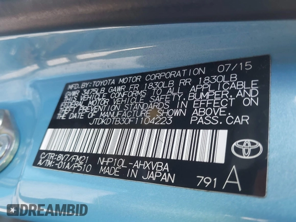 2015 Toyota Prius One with VIN JTDKDTB30F1104223, listed as a IAAI auction lot 41693628 with 194,671 mi miles and . Bid and sale history available at DreamBid. Image 9.