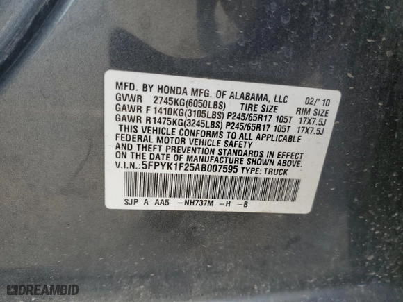 2010 Honda Ridgeline RT with VIN 5FPYK1F25AB007595, listed as a Copart auction lot 78267174 with 184,484 mi miles and Salvage Title. Bid and sale history available at carsss.com. Image 12.