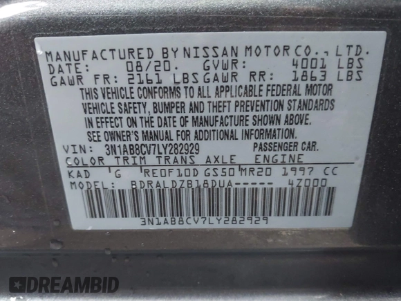 2020 Nissan Sentra SV with VIN 3N1AB8CV7LY282929, listed as a IAAI auction lot 41580658 with 24,397 mi miles. Bid and sale history available at carsss.com. Image 9.