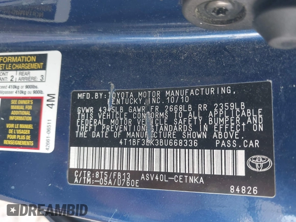 2011 Toyota Camry LE with VIN 4T1BF3EK3BU668336, listed as a IAAI auction lot 42103247 with 134,042 mi miles. Bid and sale history available at carsss.com. Image 9.